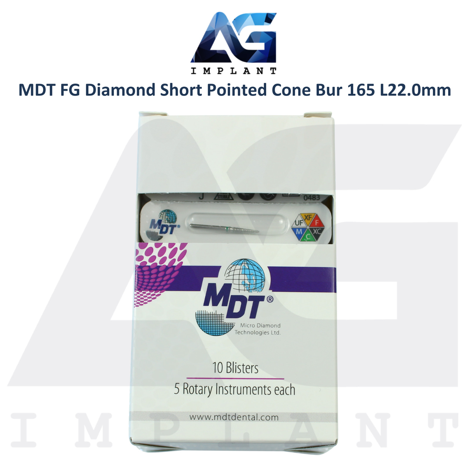 MDT Dental FG Diamond Coated Short Pointed Cone Bur 165 L22.0mm Ø0.14mmX8.0mm