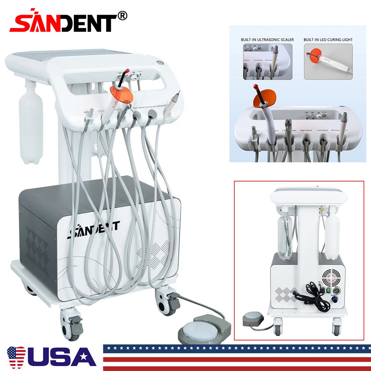 4-HOLE Dental Delivery Mobile Cart Unit Equipment w/compressor Scaler Light