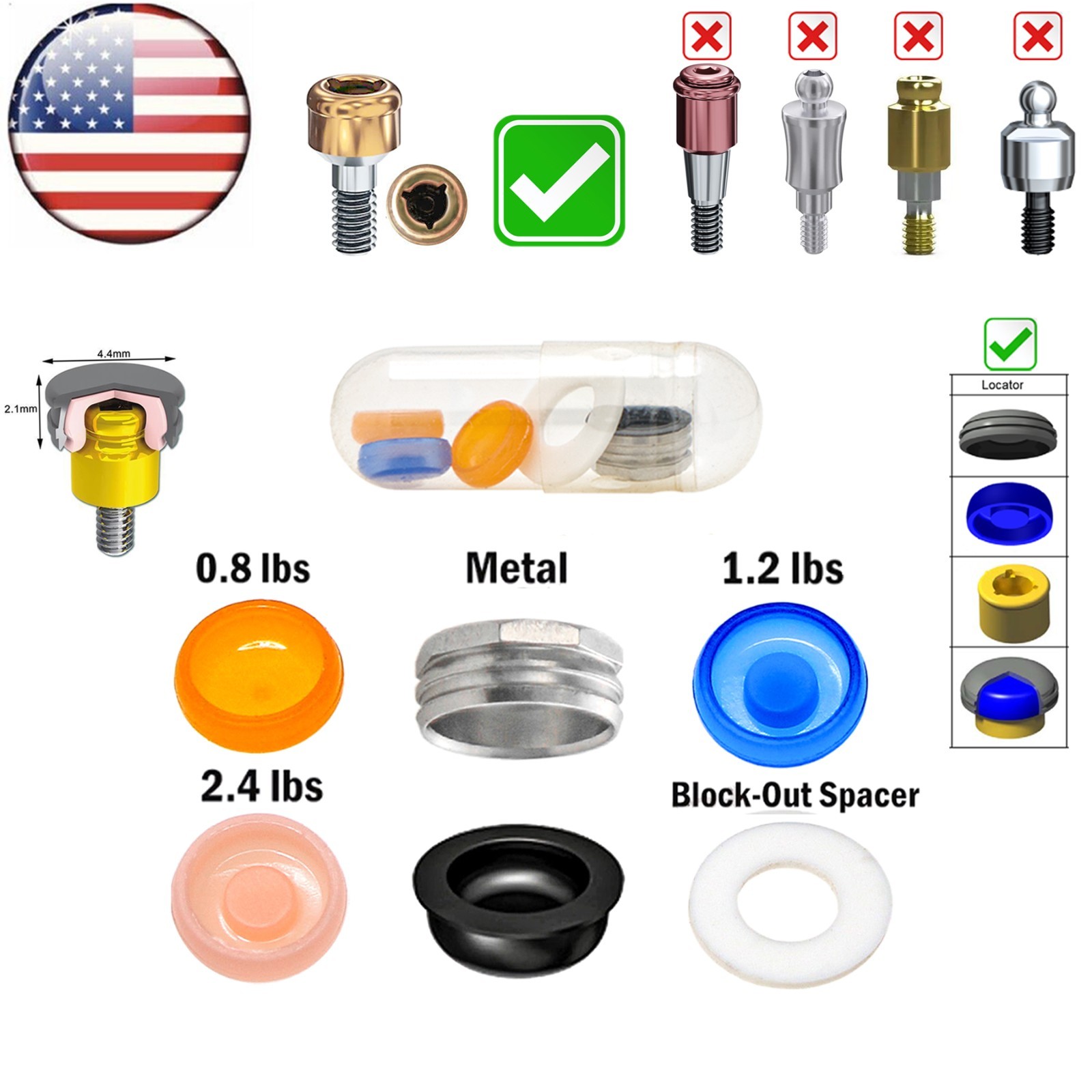US 12Pcs Dental Overdenture Locator Universal Retention Caps For Implant Inserts