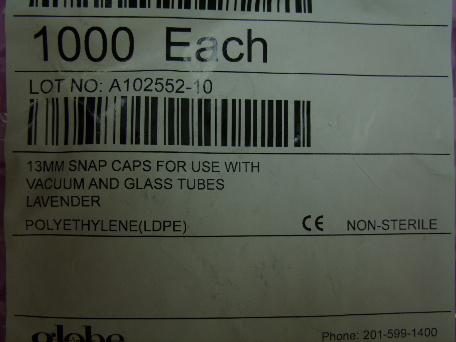 Globe Scientific 113146L 13mm Polyethylene LDPE Snap Cap Lavender (Bag of 1000)