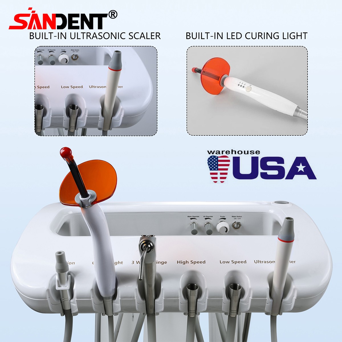 4-HOLE Dental Delivery Mobile Cart Unit Equipment w/compressor Scaler Light