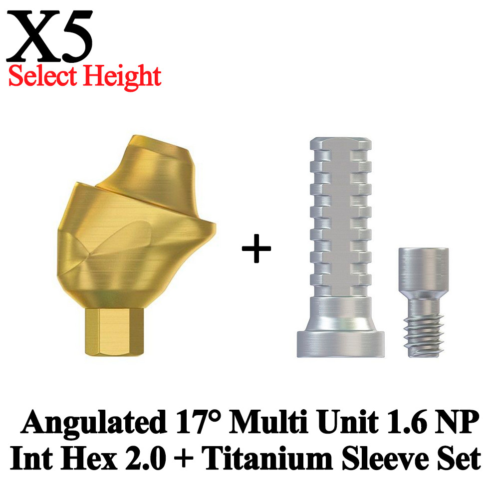 5x Set Angulated 17° Multi Unit 1.6 NP Int Hex 2.0 + Titanium Sleeve Dental