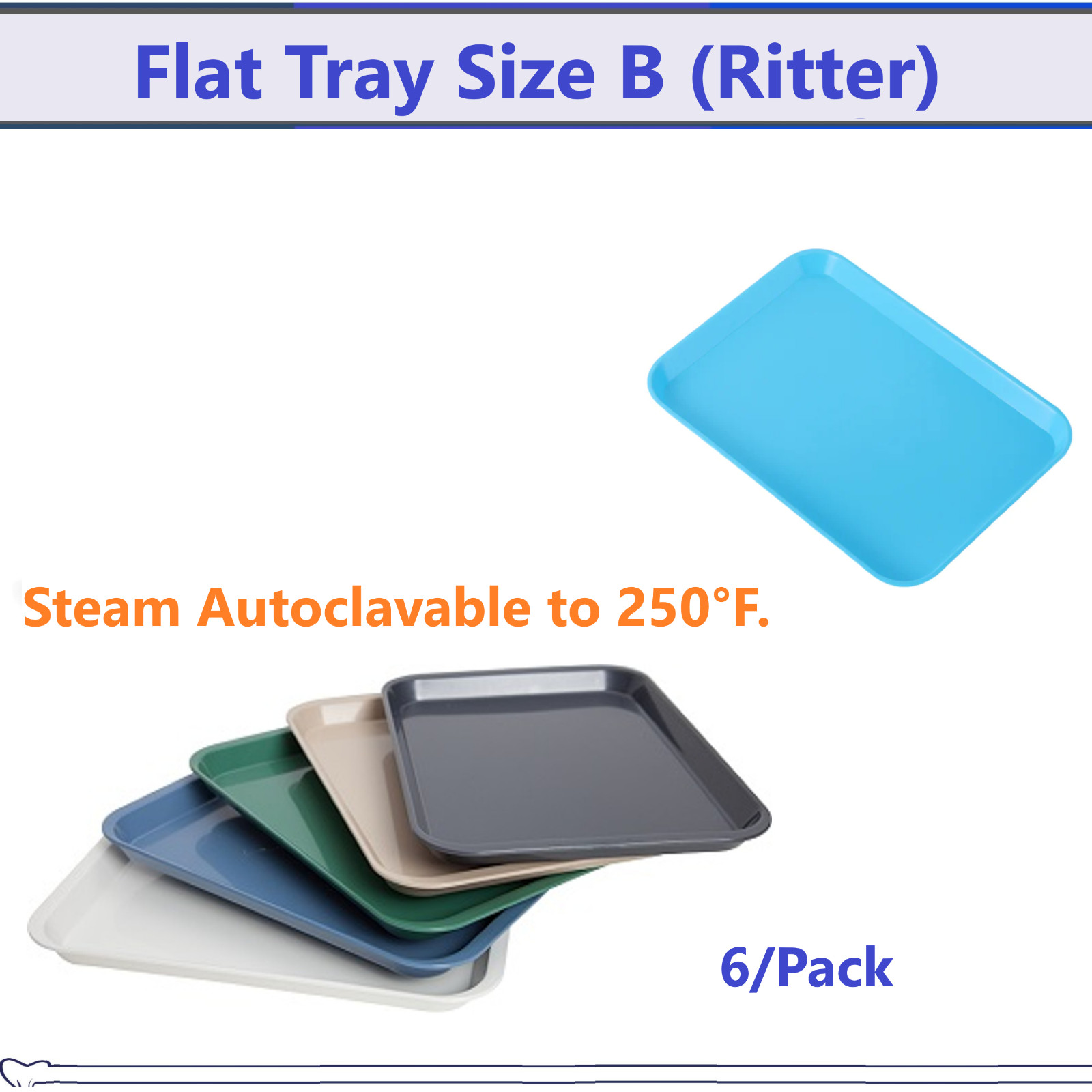 Dental Instrument Flat Setup Tray, Size B (Ritter) Flat Tray, Choose Color, 6/Pk