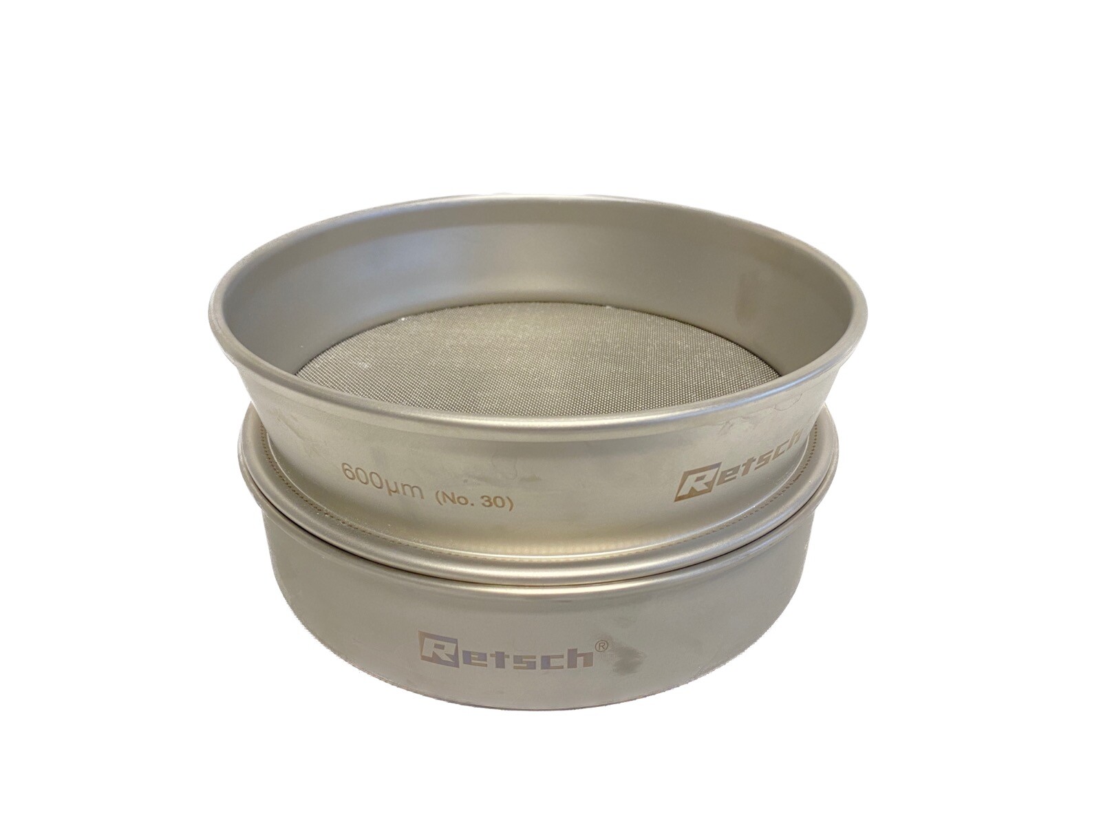RETSCH 8”D Stainless Steel No. 30 Full Height Test Sieve 600um & Collecting Pan