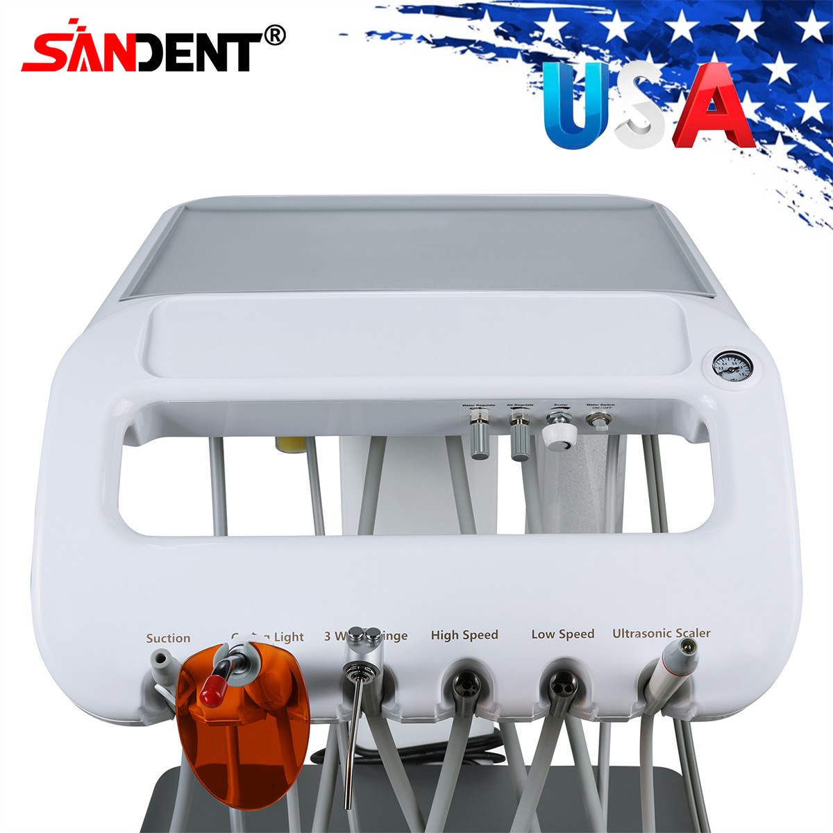 4-HOLE Dental Delivery Mobile Cart Unit Equipment w/compressor Scaler Light