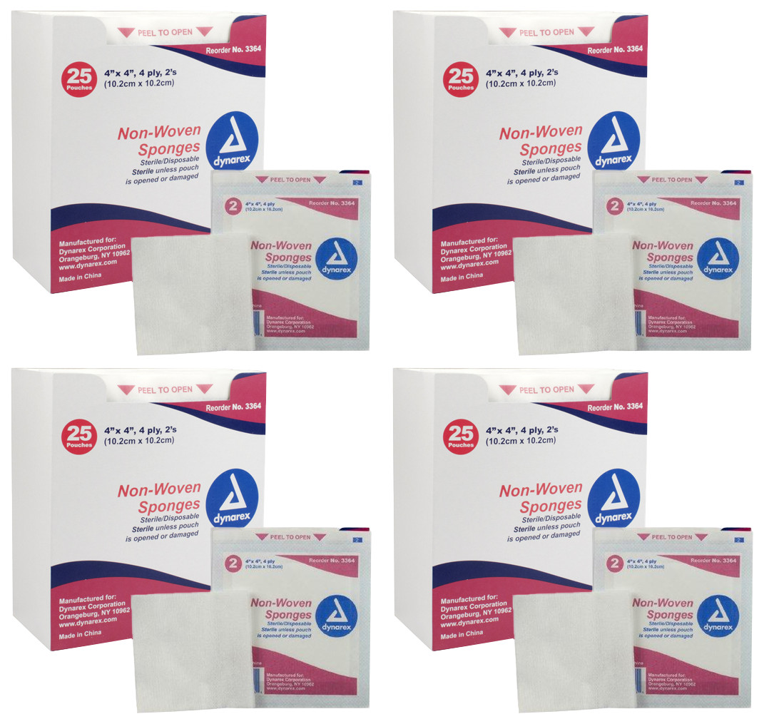 Sterile Non-woven Sponges Disposable, Dynarex, 3364, 4×4, 4-Ply, 200 Pouches