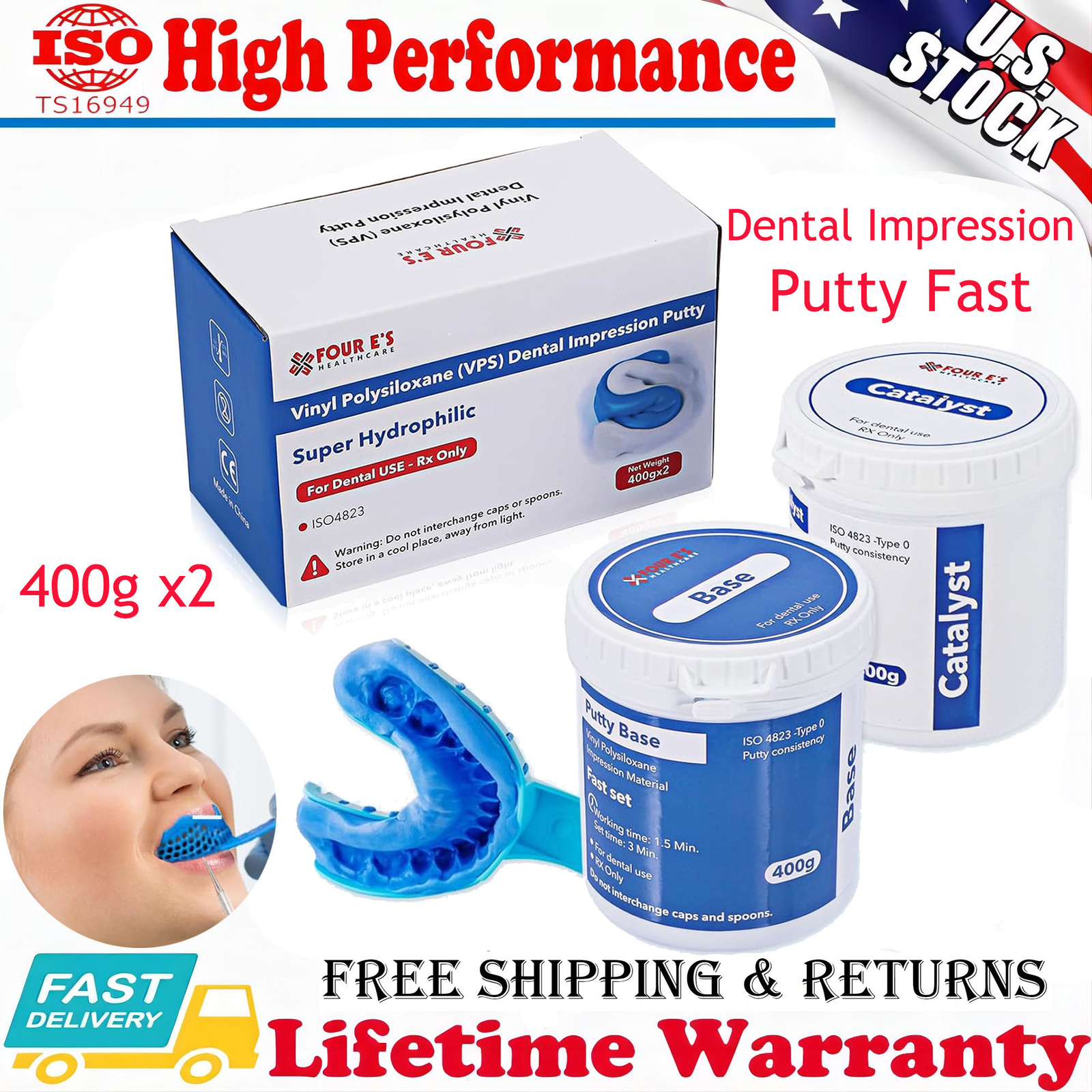 400g x2 Dental Impression Putty Fast Set Hydrophilic VPS (400g Base &400g Catal)