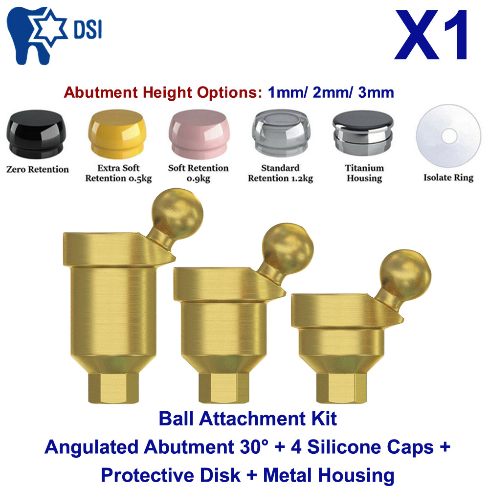 1x DSI Angulated Ball Attachment Abut ment 30° Full Kit Overdenture Int Hex 2.42