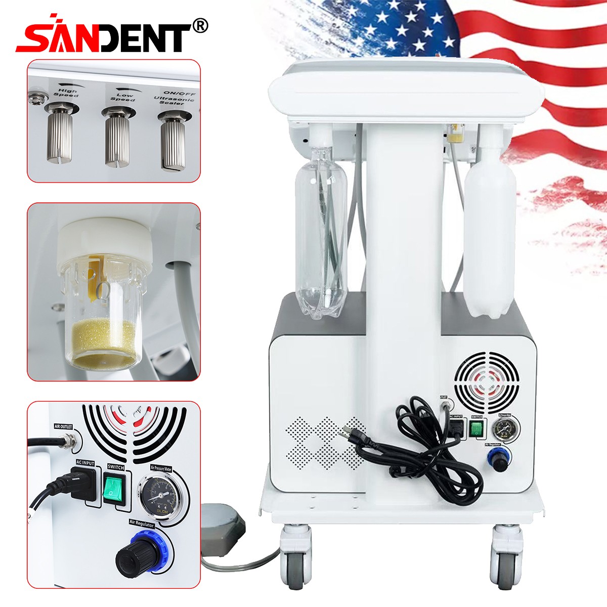 4-HOLE Dental Delivery Mobile Cart Unit Equipment w/compressor Scaler Light