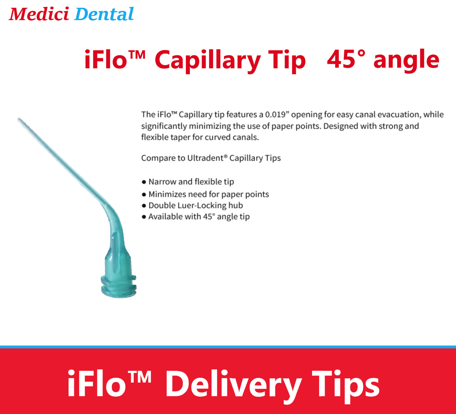 Dental iFlo Capillary Tip 0.019” opening Endo Root Canal Tip evac, 45 Angle Tip