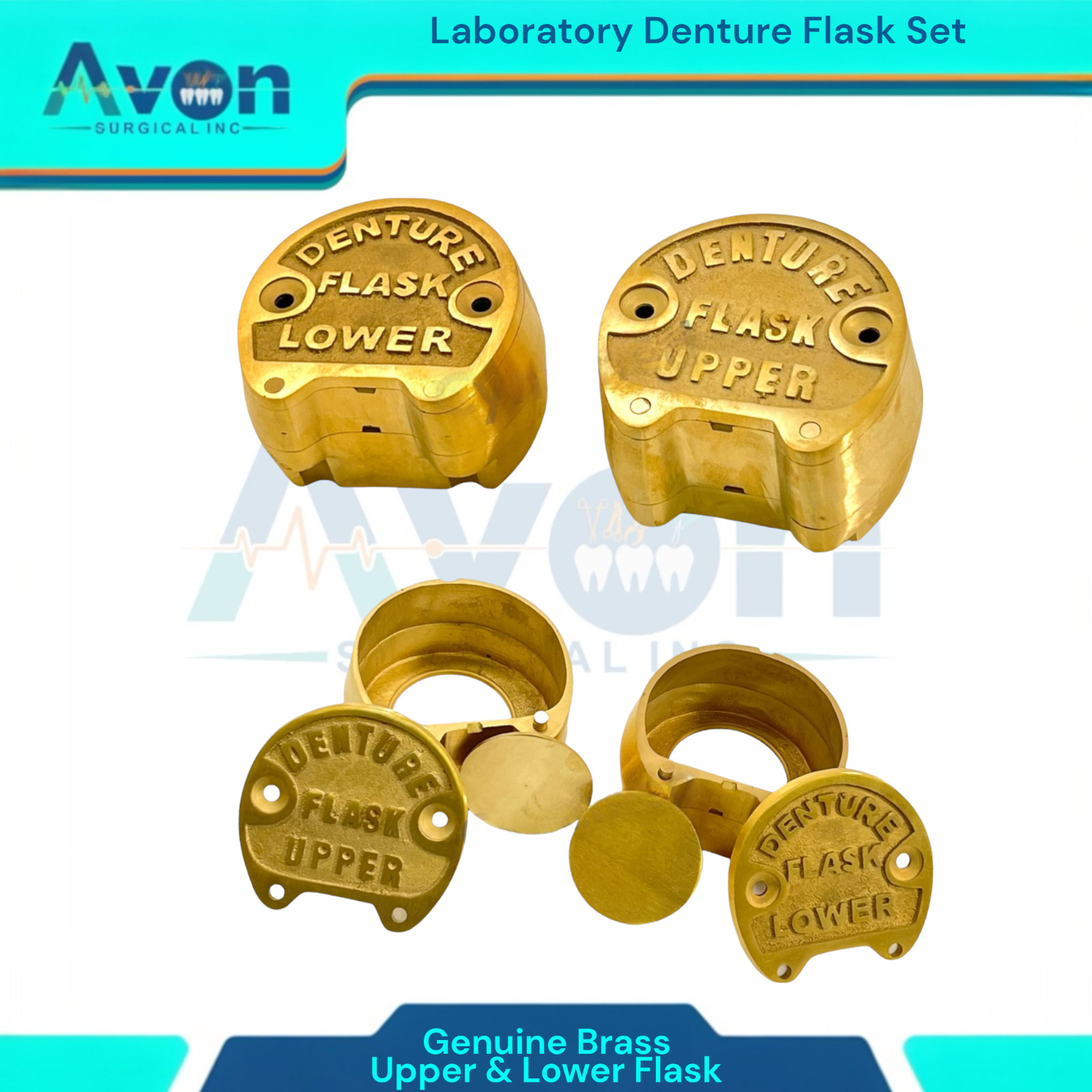 Set of 3 | Denture Compression Flask Press + Upper & Lower Flasks -Genuine Brass
