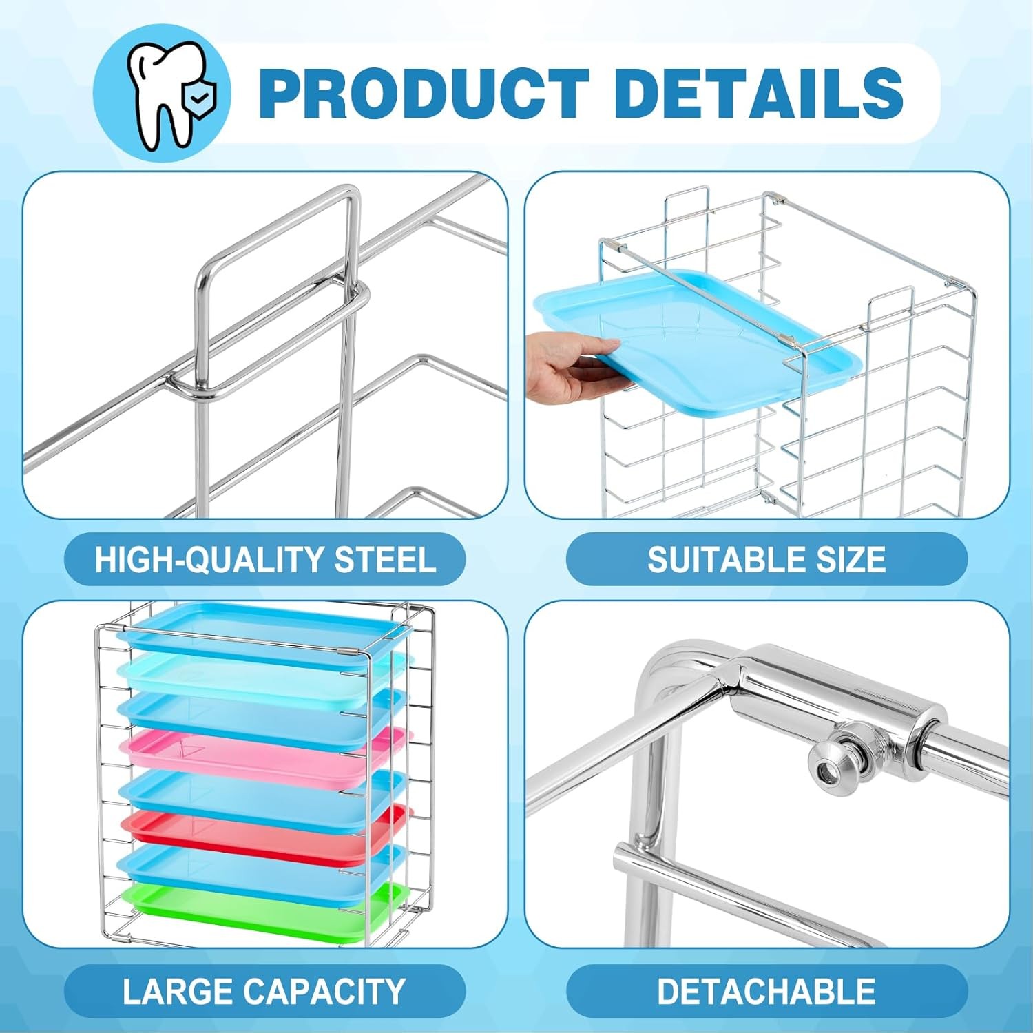 Dental Instrument Tray Rack for Size B Trays, Holds Trays with Lids, Capacity 8