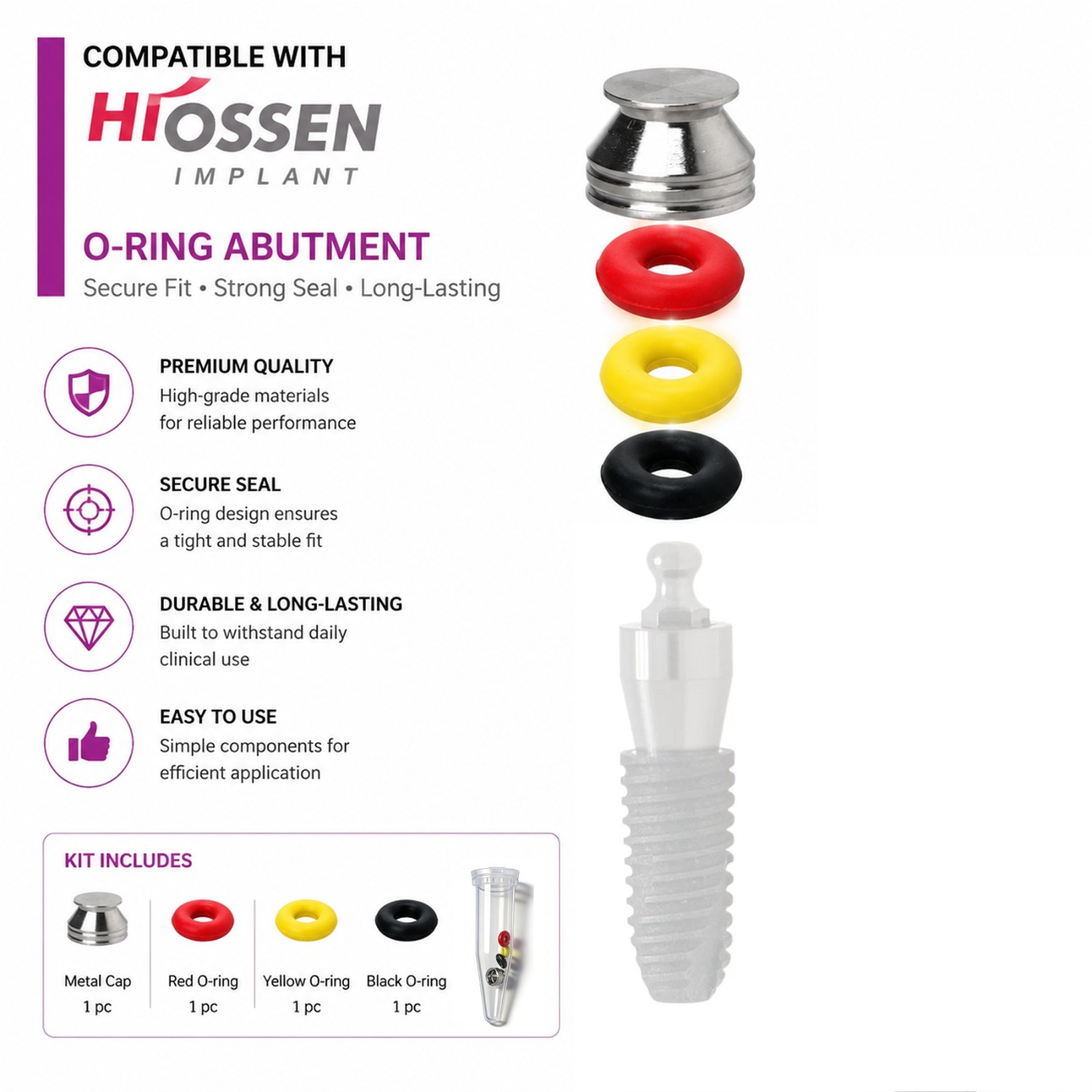 Dental O-Ring Retention Caps For Ball Attachment Abutment Hiossen/Osstem 4pc/set