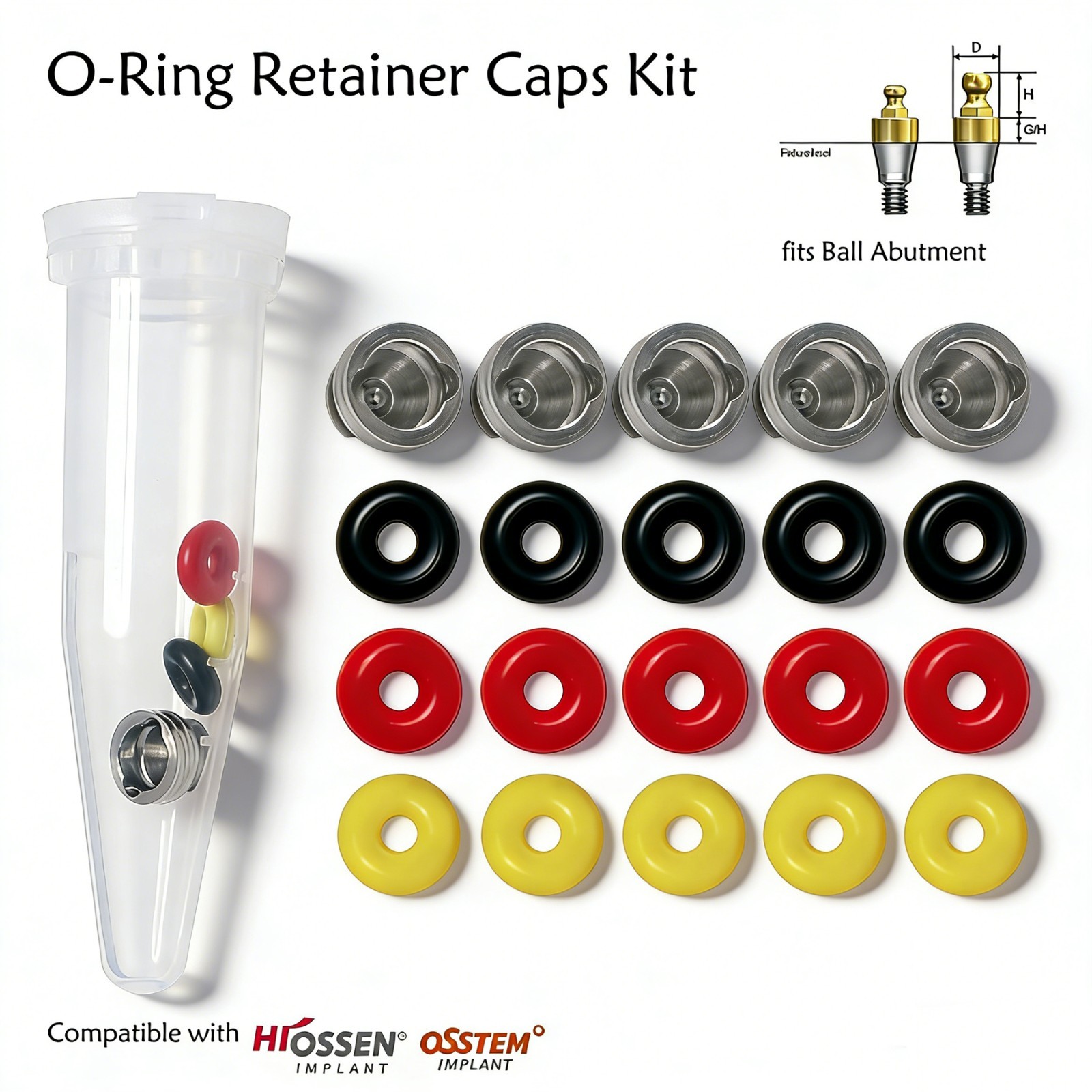 5Set US Implant Ball Attachment O-Ring Caps set Metal Housing for Hiossen Osstem