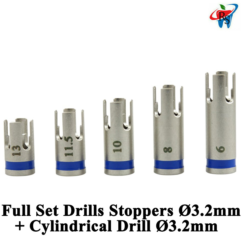 5x Dental Drill Stoppers Ø3.2mm + Cylindrical Drill Surg ical Tools Burs Set