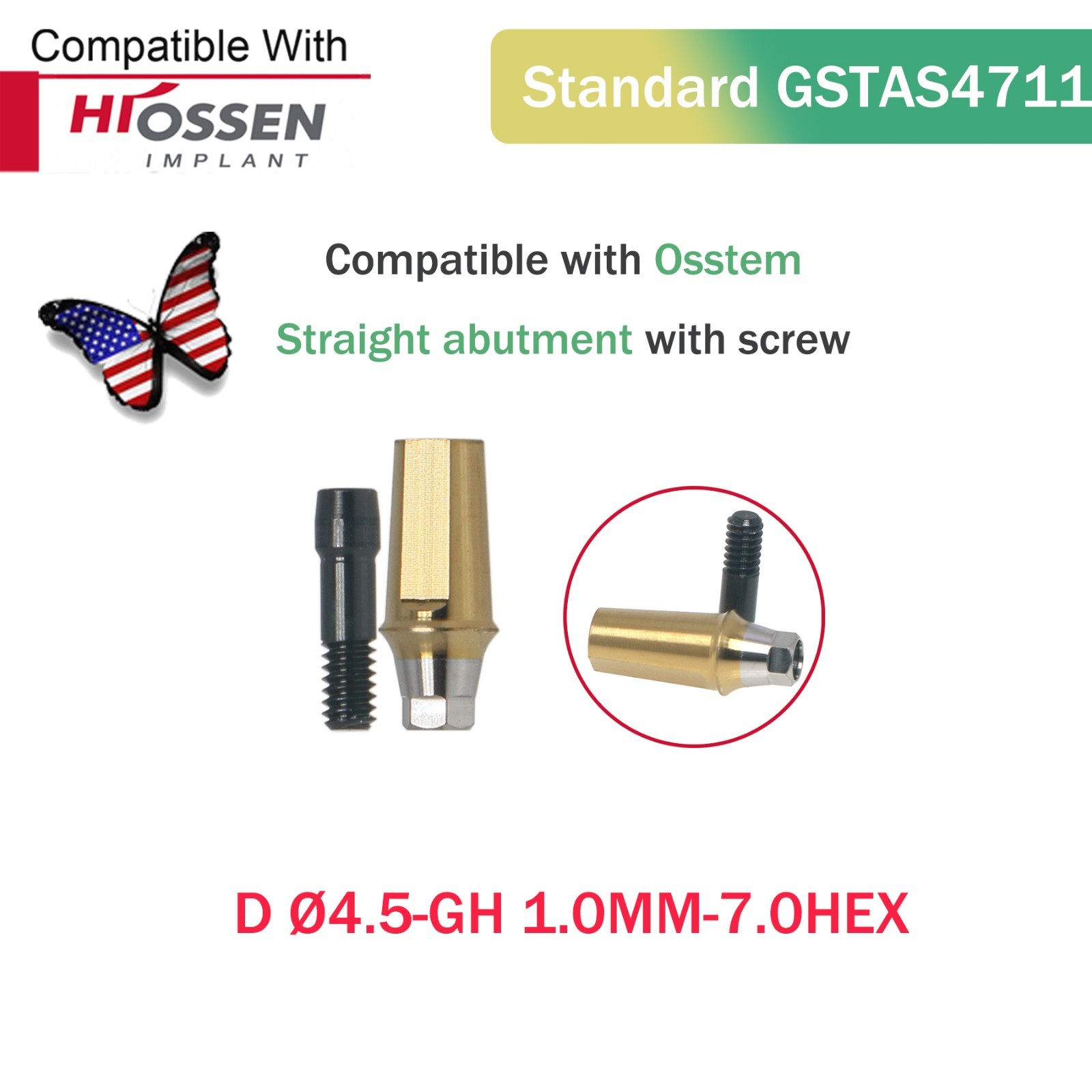 US Titanium Straight Transfer Hex Abutment Fit Hiossen ET/Osstem TS Mini/Regular