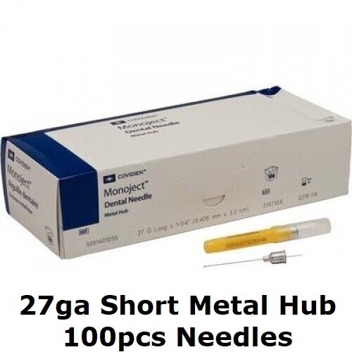 100 Monoject Kendall METAL Hub Dental Medical Needles 27G Short Yellow New