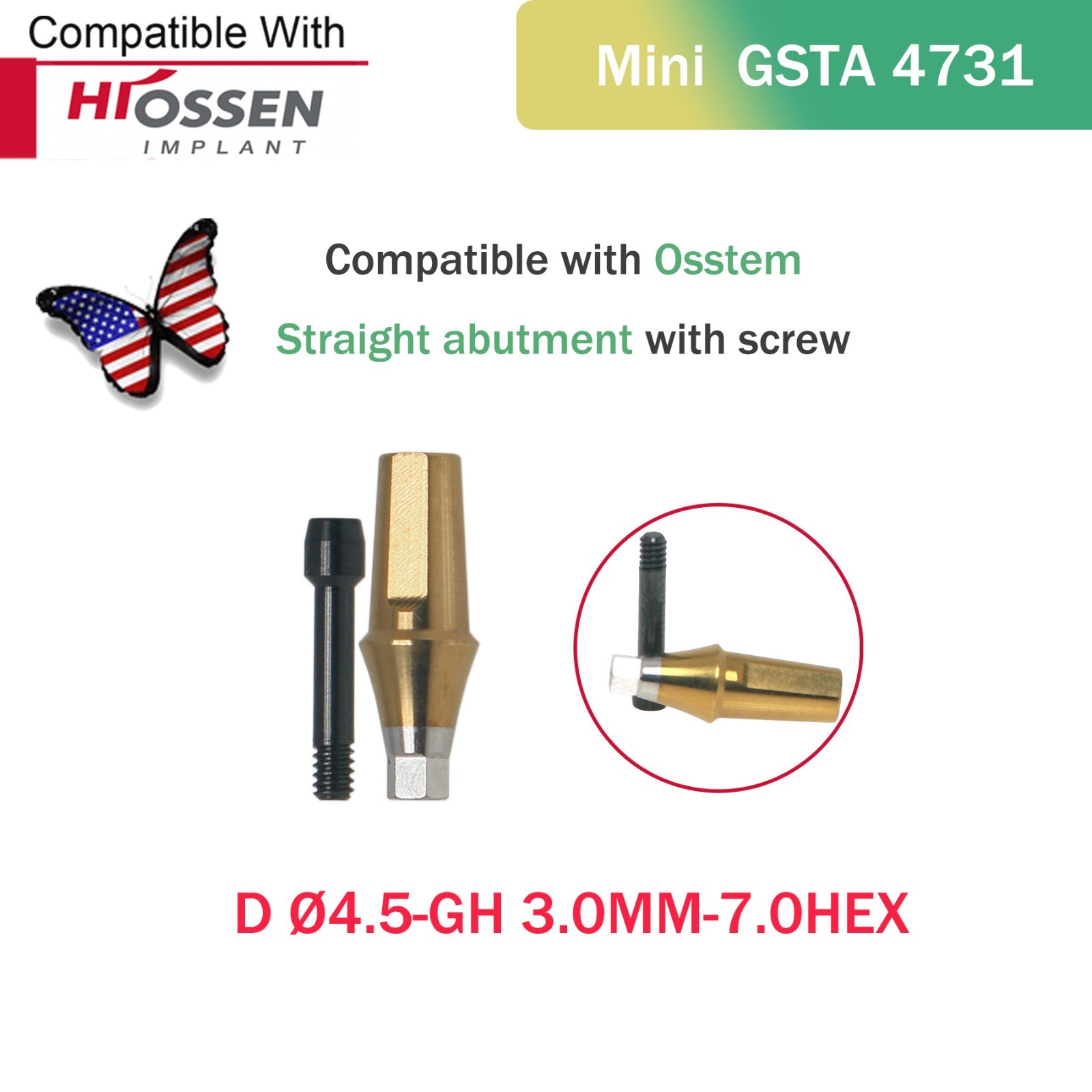US Titanium Straight Transfer Hex Abutment Fit Hiossen ET/Osstem TS Mini/Regular