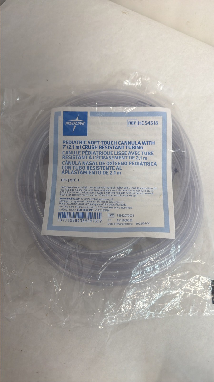 Medline HCS4518 Pediatric Soft-Touch Nasal Cannula 7ft Tubing