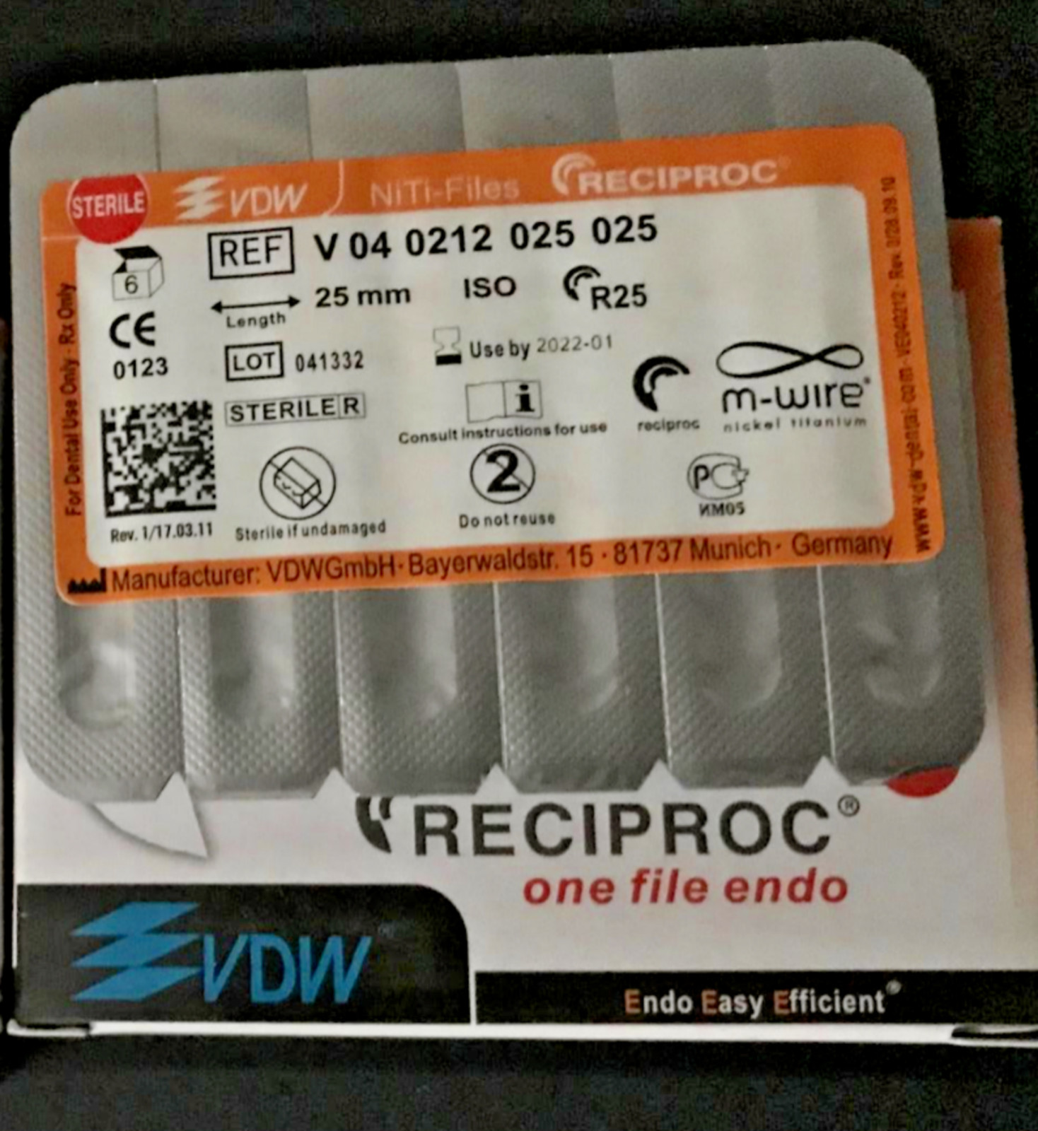 VDW RECIPROC Sterille File Endo M-WIRE 25mm R25 6pcs/Pack NiTi-Files