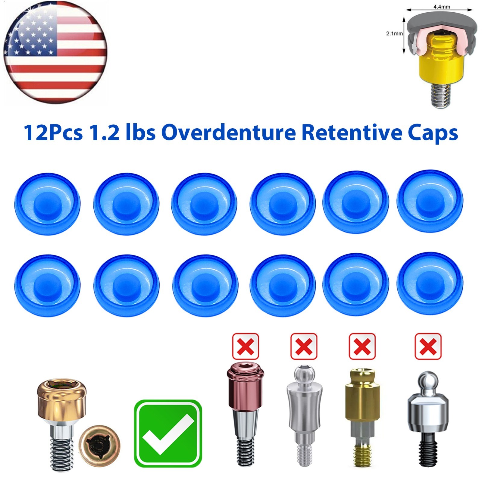 US Dental Overdenture Locator Retention Caps 1.2/2.4lbs For Abutment Inserts Set
