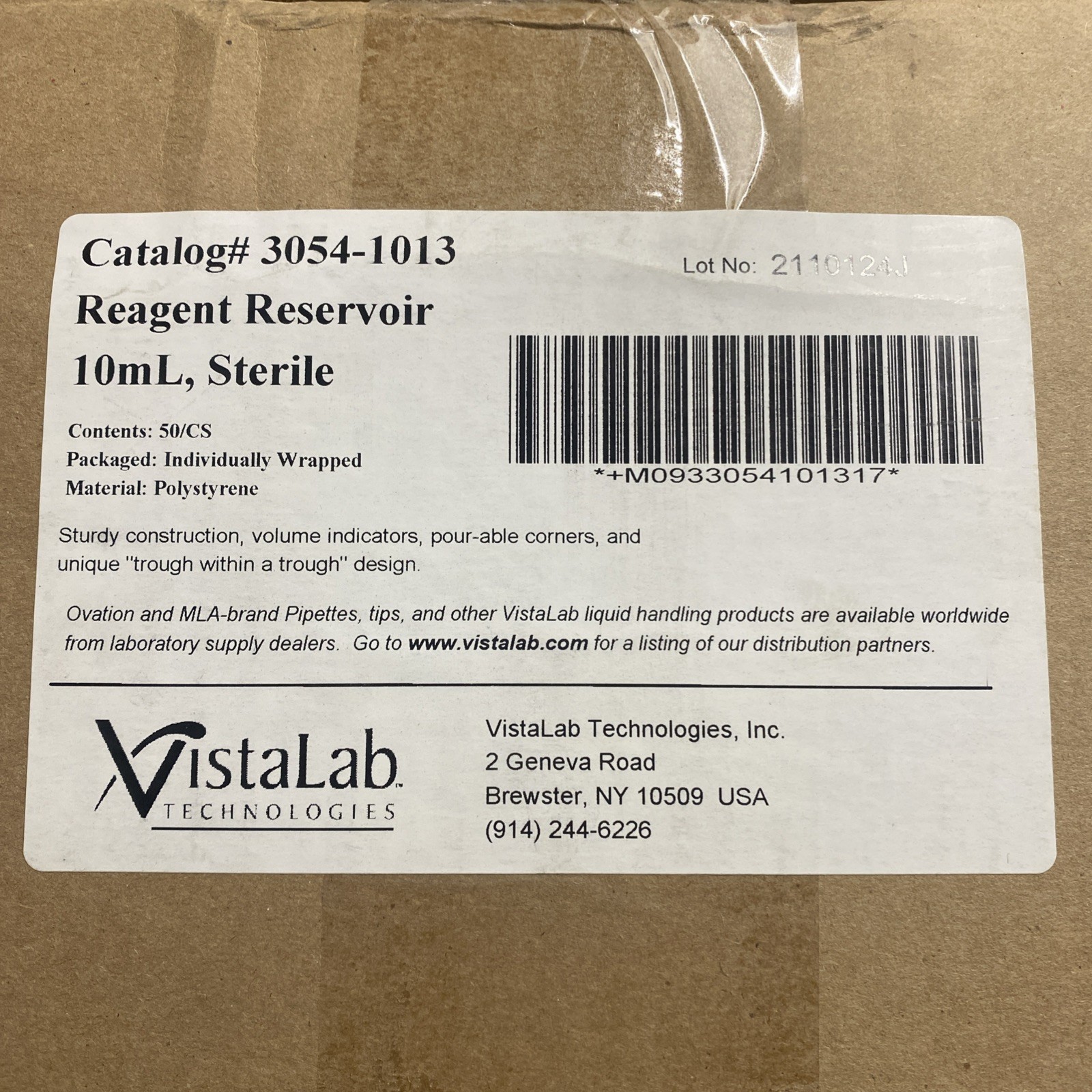 VistaLab 3054-1013 10mL Reagent Reservoir Individually Wrapped Sterile 50/case