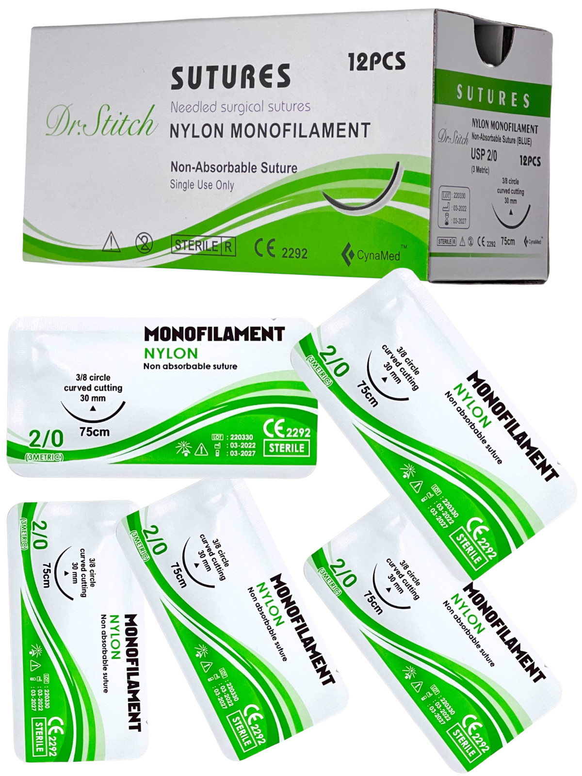 2/0 Monofilament Nylon Sterile Training Suture Thread With Needle Sewing Box12PK
