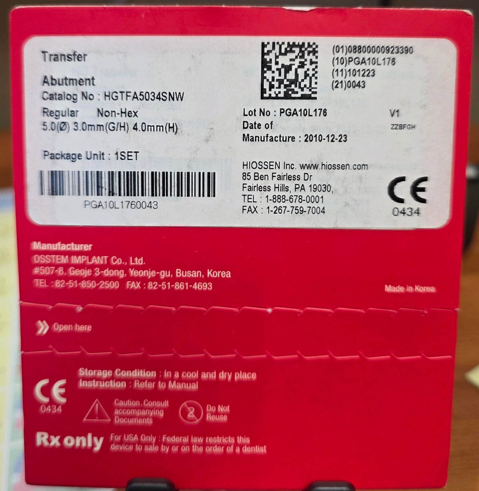 HIOSSEN IMPLANT Transfer Abutment Regular Non-Hex 5.0Ø , 3.0 mm (G/H), 4.0mm (H)