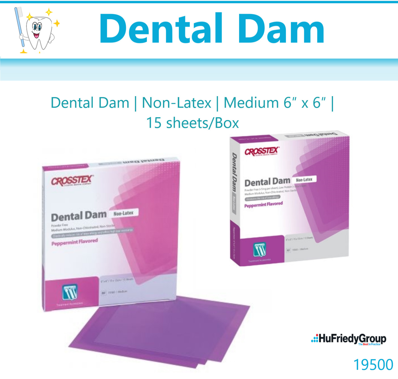 Dental Dam, Medium, Purple, 6″ x 6″, Peppermint, Latex Free, 15 sheets, Crosstex