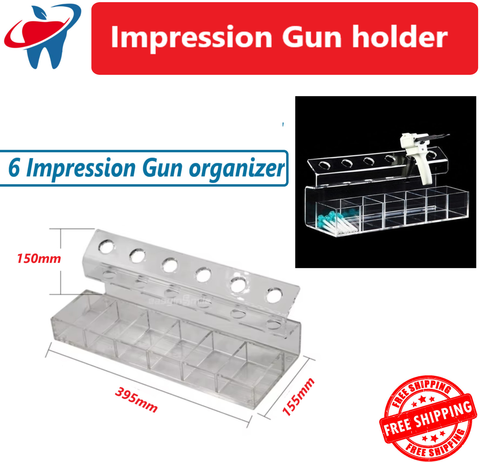 Dental ACRYLIC VPS IMPRESSION GUN ORGANIZER For HP Tips & Guns – Holds 6 Guns