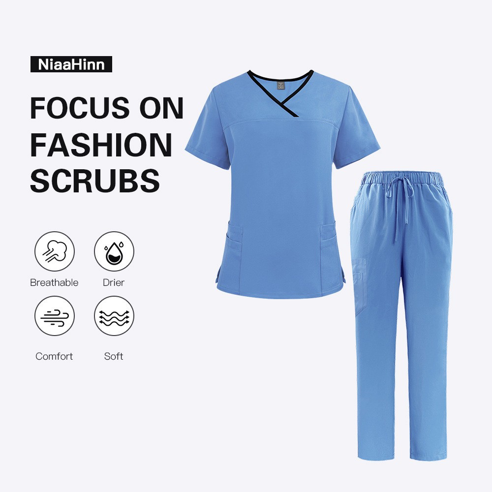 [Shirt + Pants] Women Anti-wrinkle Breathable Scrubs Medical Nursing Uniform Set