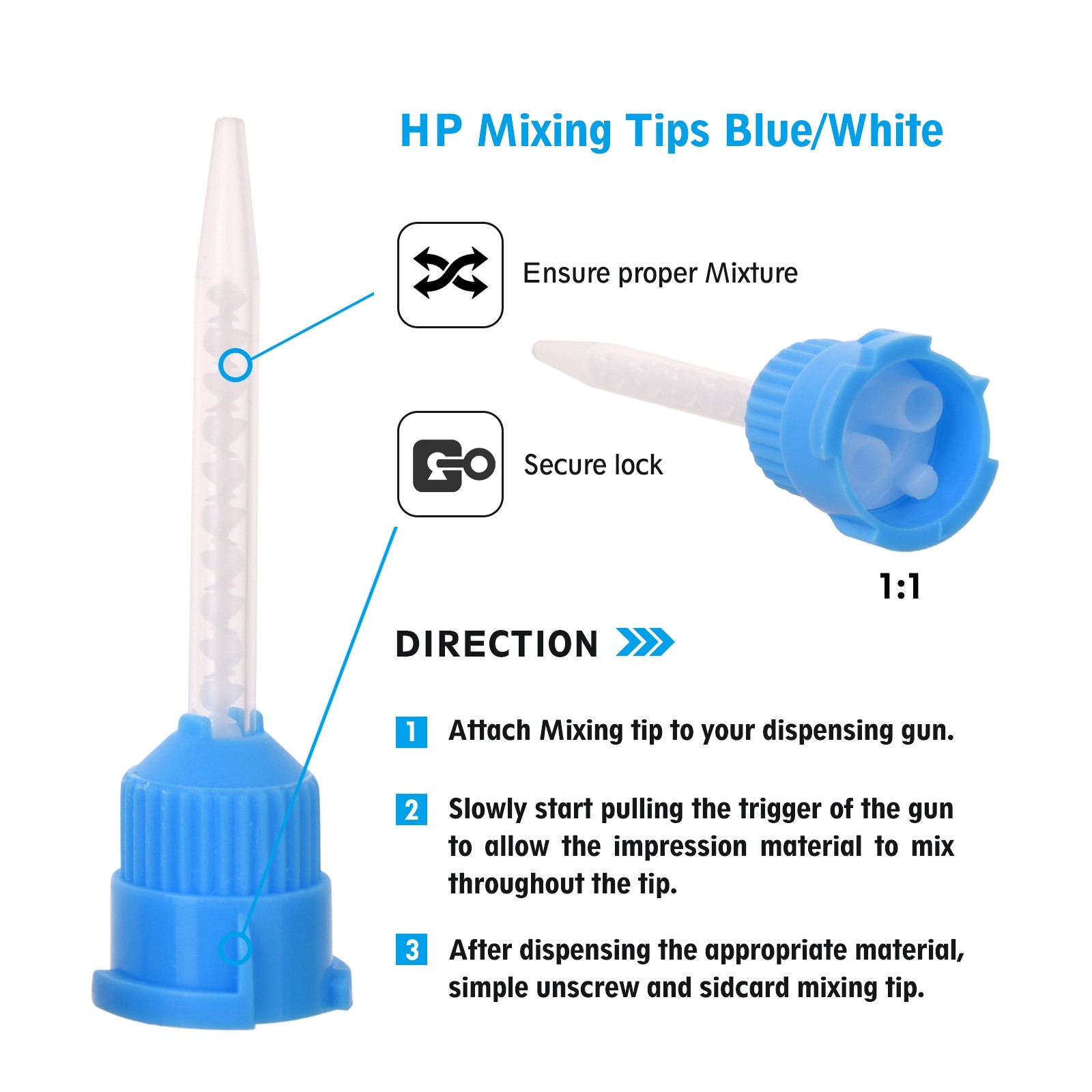 100 Dental Mixing Tips Impression Temporary C&B Material Blue/White