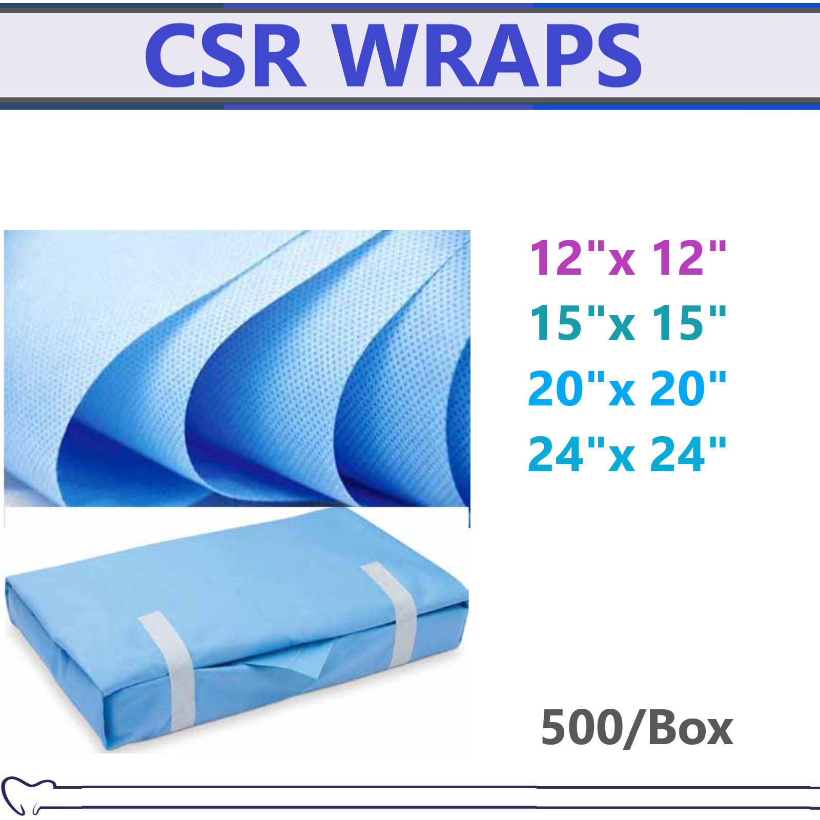 Autoclave CSR Sterilization Wrap 12 x 12, 15 x 15, 20 x20″, 24 x 24, 500pcs/Bag