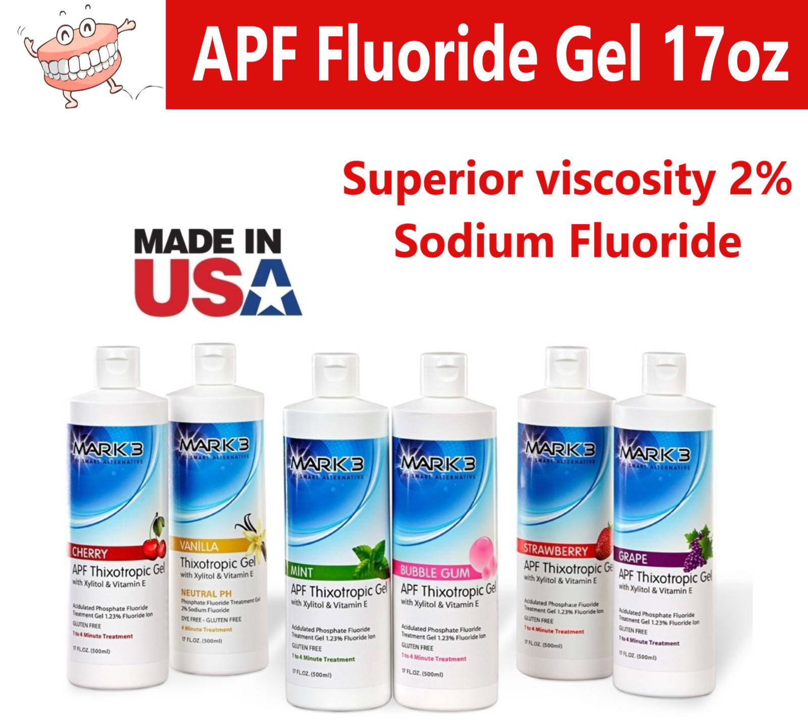 Dental APF Fluoride Gel 17oz – Superior viscosity, 2% Sodium Fluoride -5 Flavors