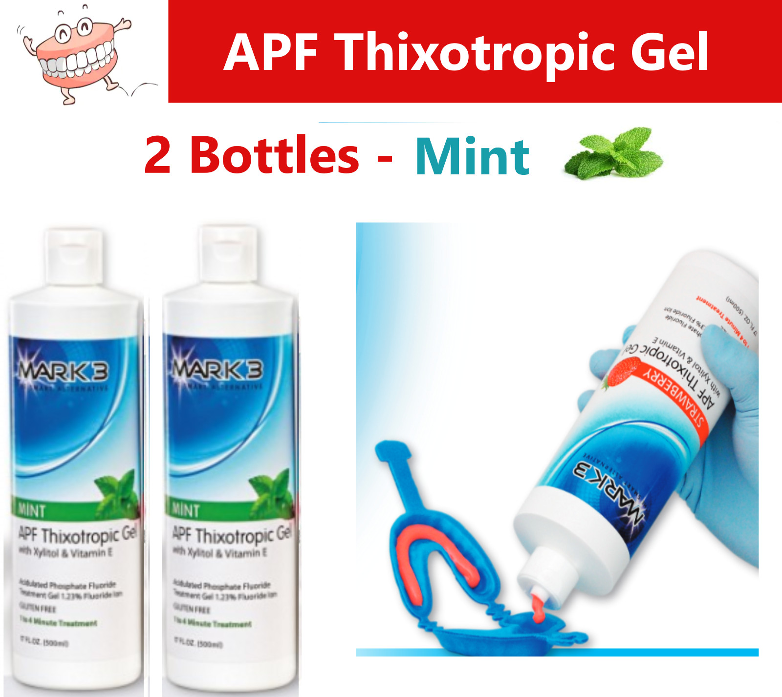 2 Pack Flouride Gel Dental APF Thixotrophic Fluoride 1.23% 17 Oz per Btl, MINT,