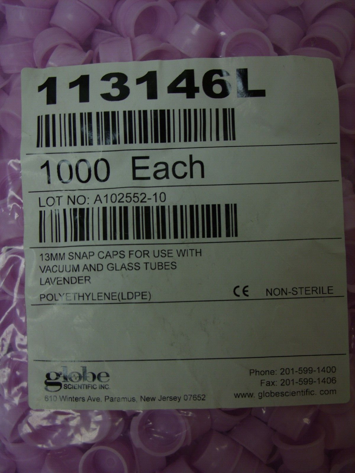 Globe Scientific 113146L 13mm Polyethylene LDPE Snap Cap Lavender (Bag of 1000)