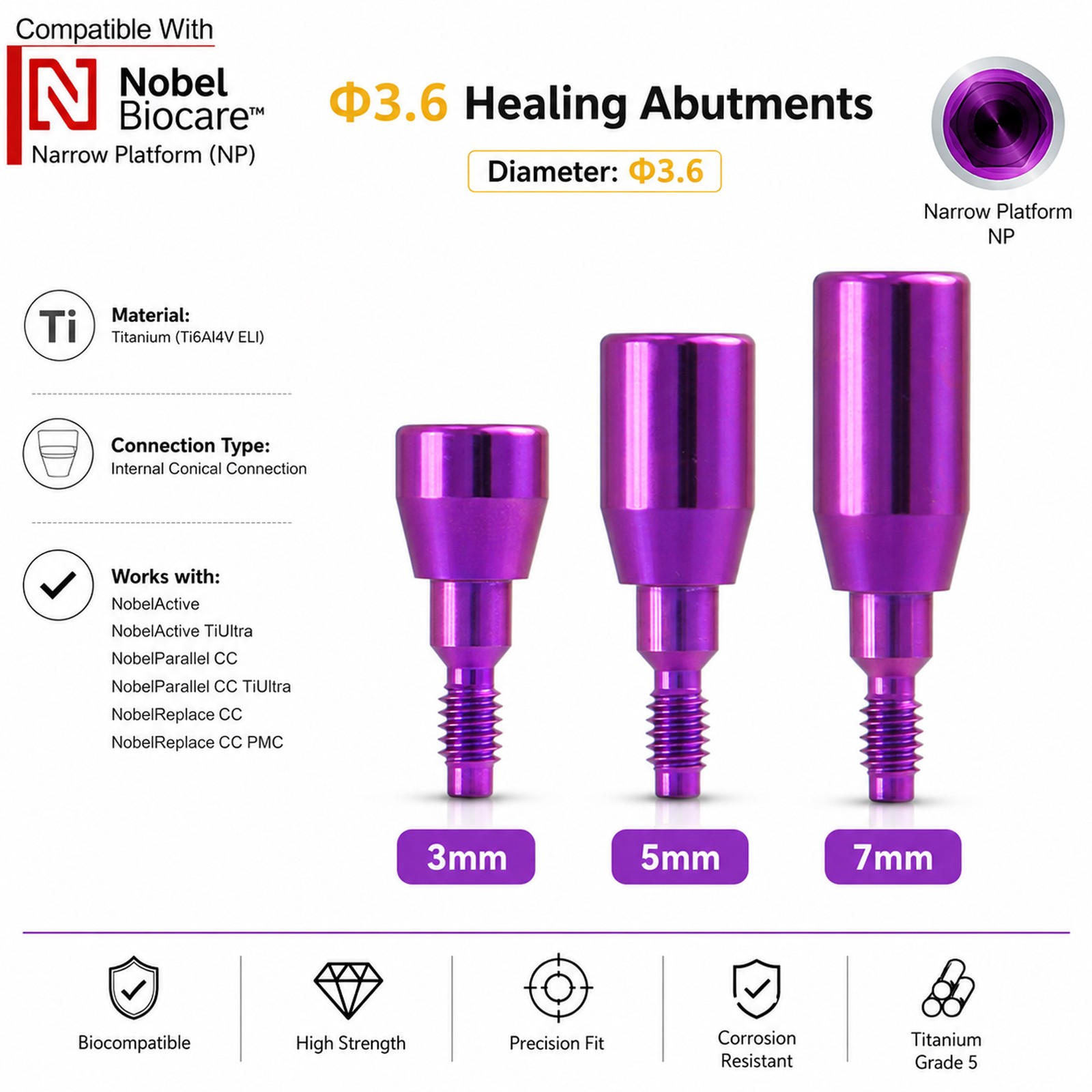 Dental RP NP Healing Abutment Compatible NobelActive Internal Conical Connection