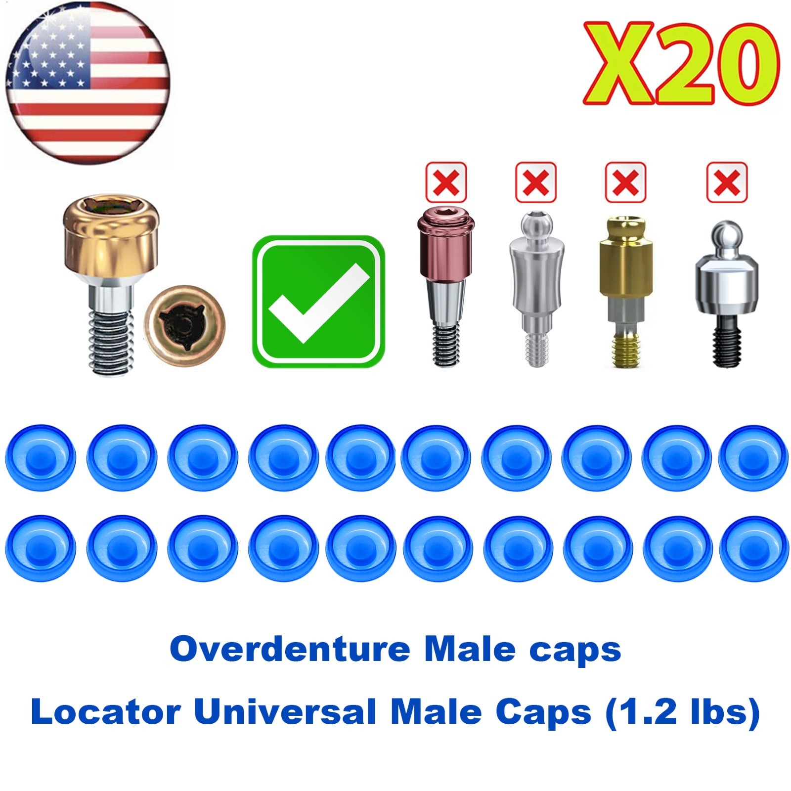 US Dental Overdenture Locator Retention Caps 1.2/2.4lbs For Abutment Inserts Set